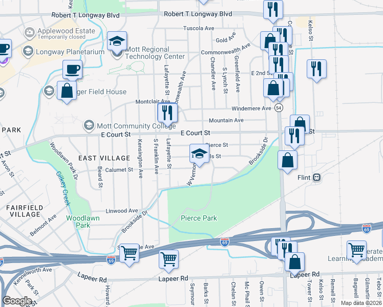 map of restaurants, bars, coffee shops, grocery stores, and more near 2037 Hills Street in Flint