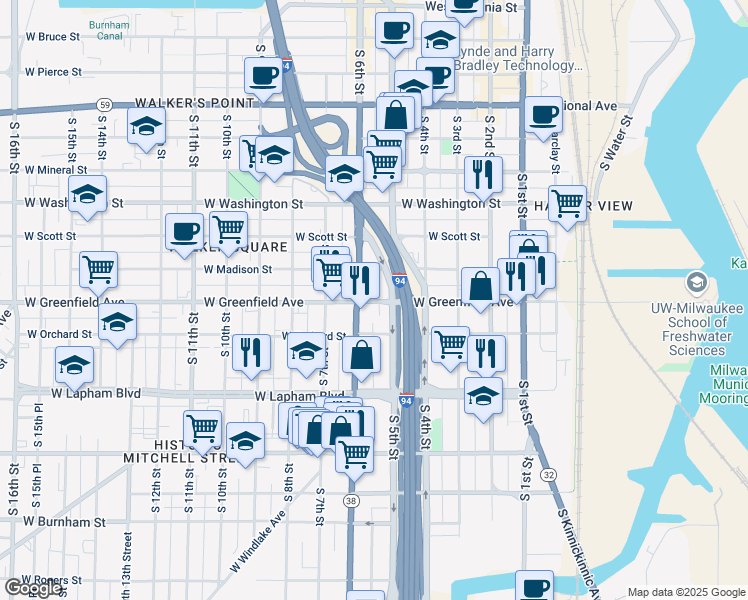 map of restaurants, bars, coffee shops, grocery stores, and more near in Milwaukee