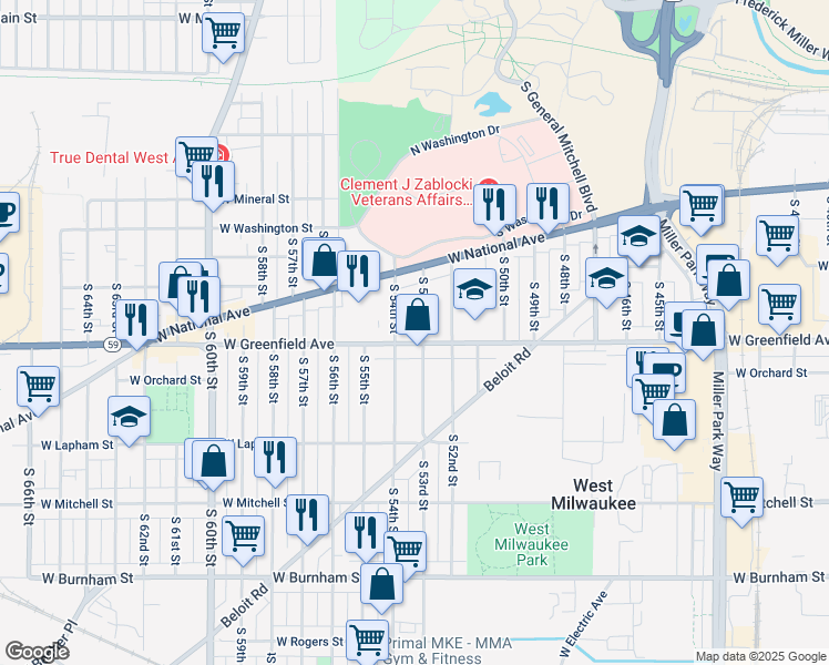 map of restaurants, bars, coffee shops, grocery stores, and more near 5310 West Greenfield Avenue in West Milwaukee
