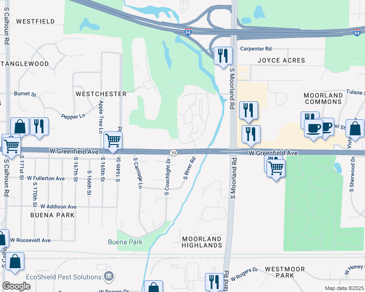 map of restaurants, bars, coffee shops, grocery stores, and more near 1327 Dover Place in Brookfield