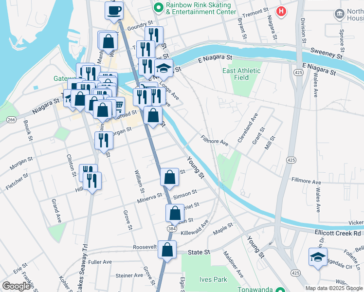 map of restaurants, bars, coffee shops, grocery stores, and more near 171 Young St in Tonawanda