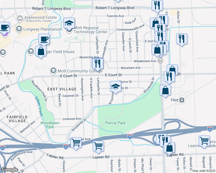 map of restaurants, bars, coffee shops, grocery stores, and more near 2037 Hills Street in Flint