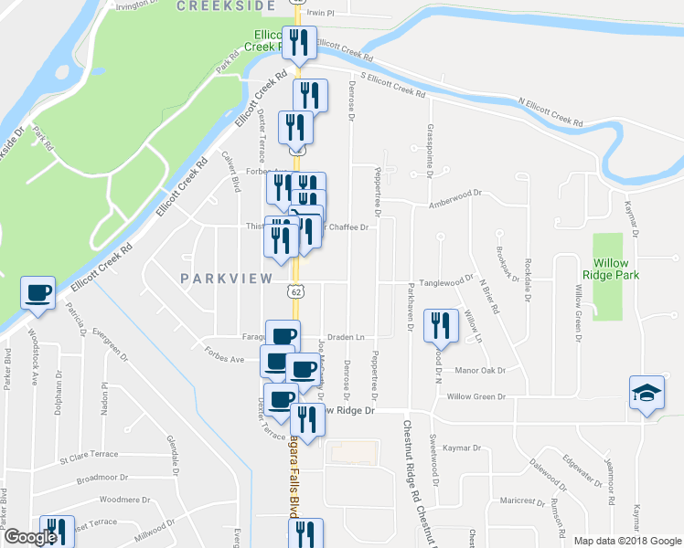 map of restaurants, bars, coffee shops, grocery stores, and more near 170 Denrose Drive in Buffalo