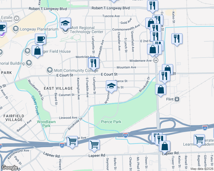 map of restaurants, bars, coffee shops, grocery stores, and more near 2037 Hills Street in Flint