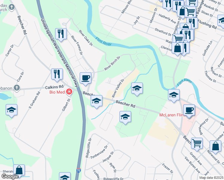 map of restaurants, bars, coffee shops, grocery stores, and more near G3340 Beecher Road in Flint