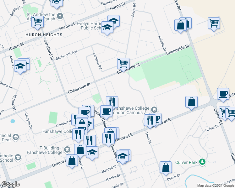 map of restaurants, bars, coffee shops, grocery stores, and more near 285 Fleming Drive in London