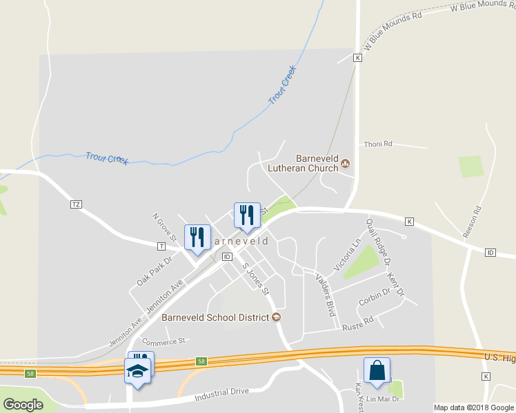 map of restaurants, bars, coffee shops, grocery stores, and more near 301 East Main Street in Barneveld