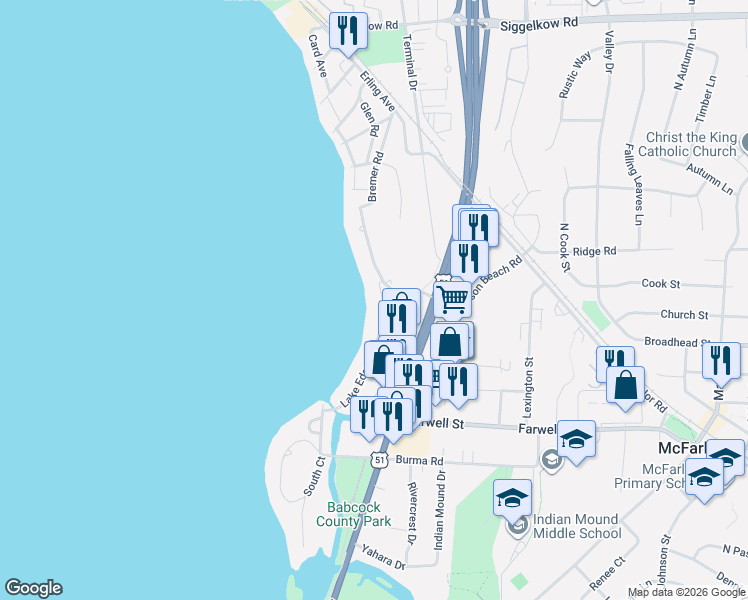 map of restaurants, bars, coffee shops, grocery stores, and more near 5618 Lake Edge Road in McFarland