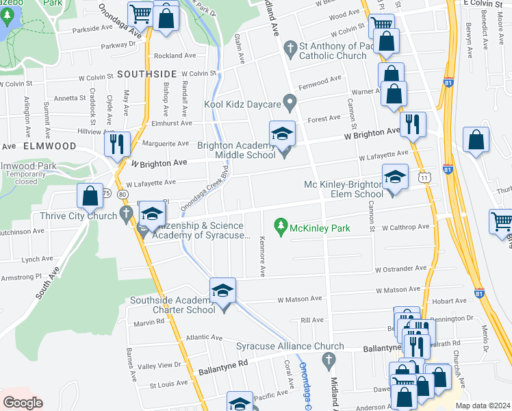 map of restaurants, bars, coffee shops, grocery stores, and more near 396 West Newell Street in Syracuse