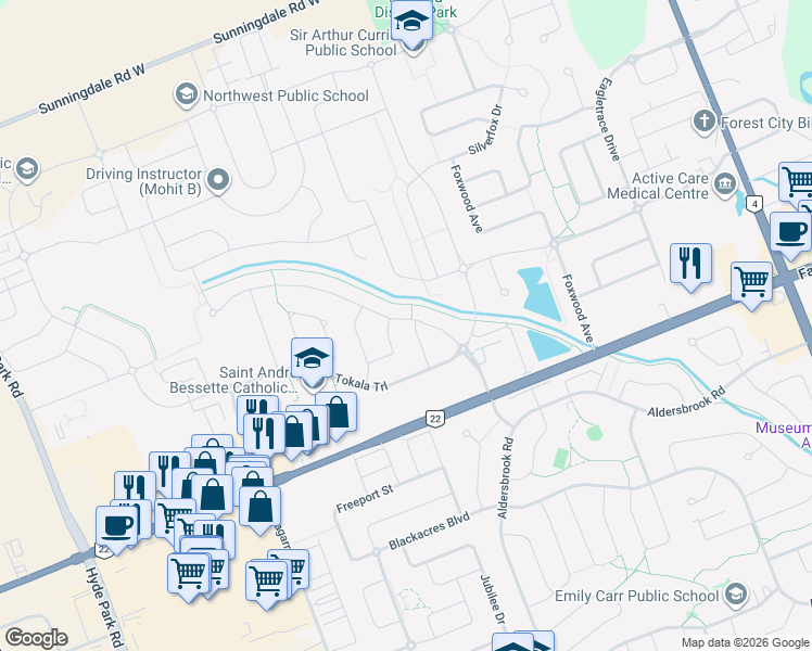 map of restaurants, bars, coffee shops, grocery stores, and more near 1915 Wateroak Drive in London