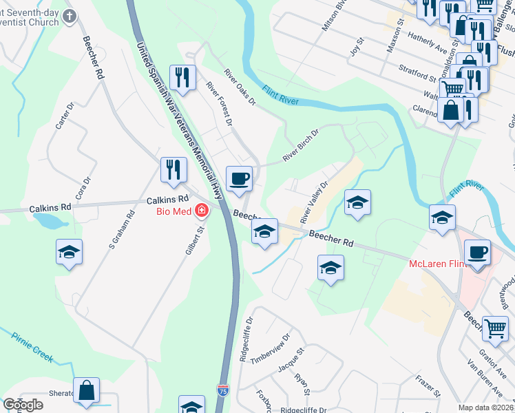map of restaurants, bars, coffee shops, grocery stores, and more near 3410 Beecher Road in Flint