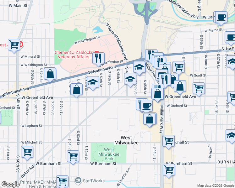 map of restaurants, bars, coffee shops, grocery stores, and more near 4800 West Greenfield Avenue in West Milwaukee