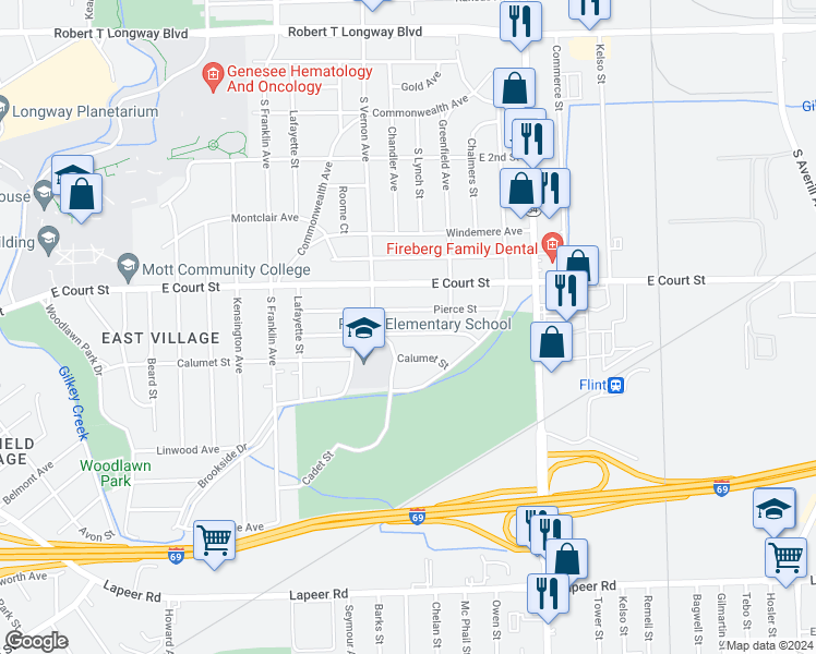 map of restaurants, bars, coffee shops, grocery stores, and more near 2301 Hills Street in Flint