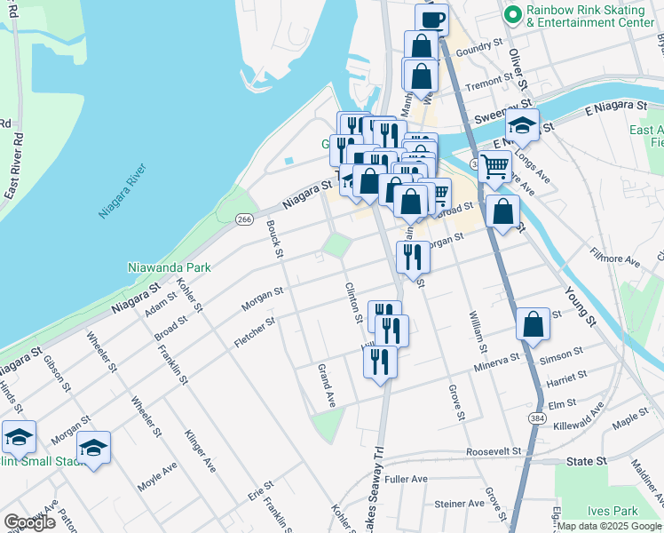 map of restaurants, bars, coffee shops, grocery stores, and more near 80 Clinton Street in Tonawanda