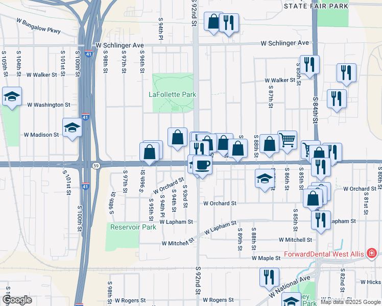 map of restaurants, bars, coffee shops, grocery stores, and more near in West Allis