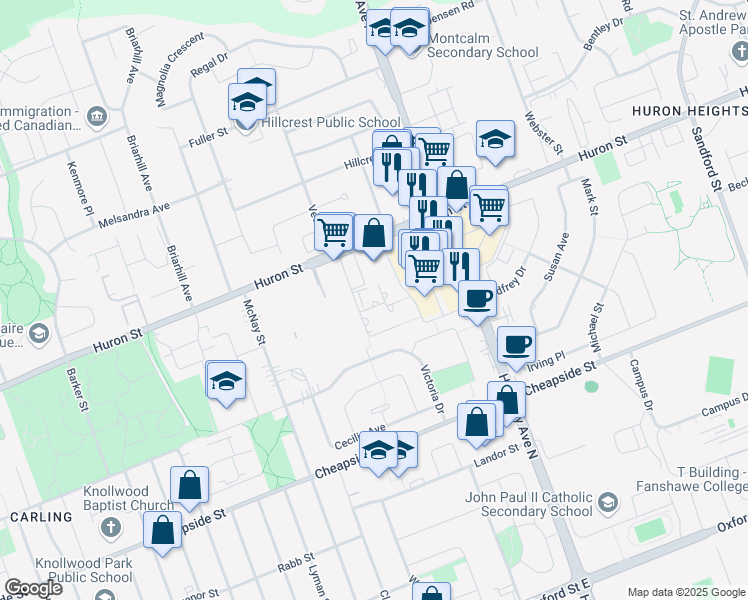 map of restaurants, bars, coffee shops, grocery stores, and more near 1255 Huron Street in London