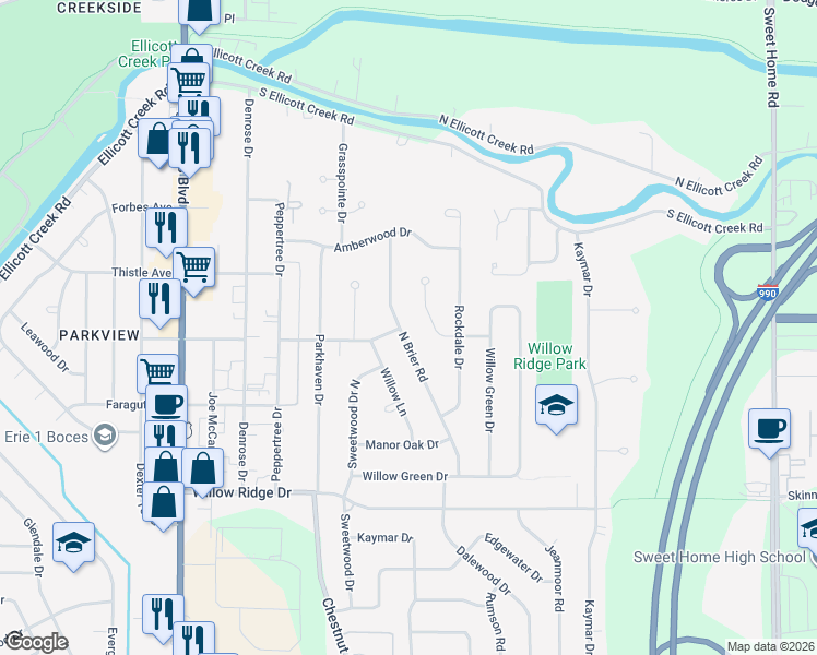 map of restaurants, bars, coffee shops, grocery stores, and more near 135 North Brier Road in Buffalo