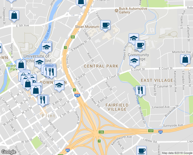map of restaurants, bars, coffee shops, grocery stores, and more near 735 Thomson Street in Flint