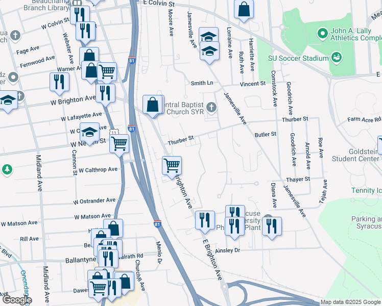 map of restaurants, bars, coffee shops, grocery stores, and more near 404 Ivy Ridge Road in Syracuse