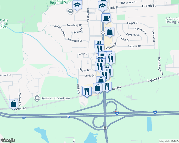 map of restaurants, bars, coffee shops, grocery stores, and more near 9444 Rayna Drive in Davison