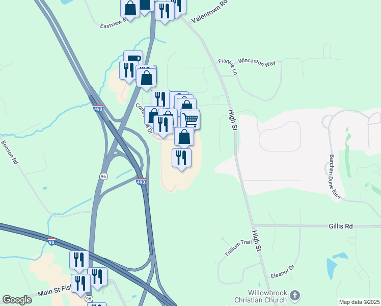 map of restaurants, bars, coffee shops, grocery stores, and more near 439 Commerce Drive in Victor