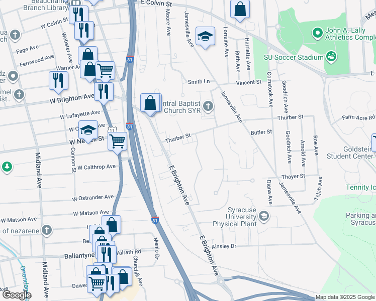 map of restaurants, bars, coffee shops, grocery stores, and more near 506 Ivy Ridge Road in Syracuse