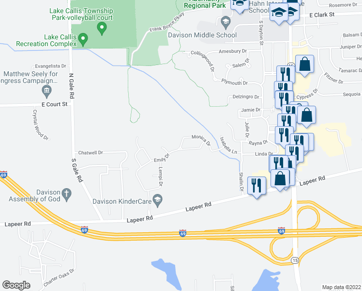 map of restaurants, bars, coffee shops, grocery stores, and more near 9143 Emily Drive in Davison