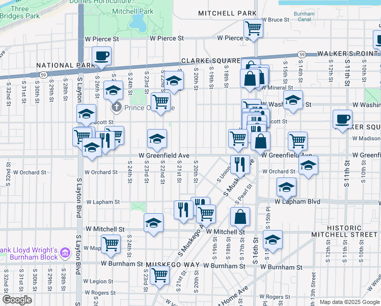 map of restaurants, bars, coffee shops, grocery stores, and more near 2022 West Greenfield Avenue in Milwaukee
