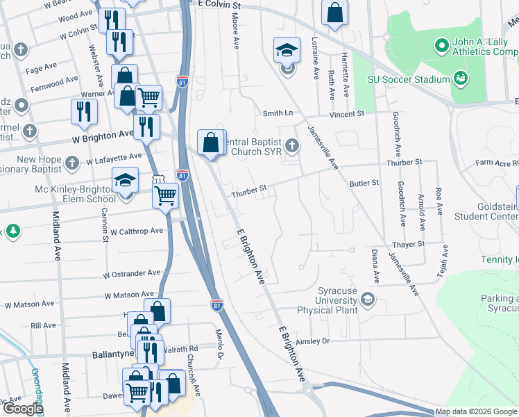 map of restaurants, bars, coffee shops, grocery stores, and more near 406 Ivy Ridge Road in Syracuse