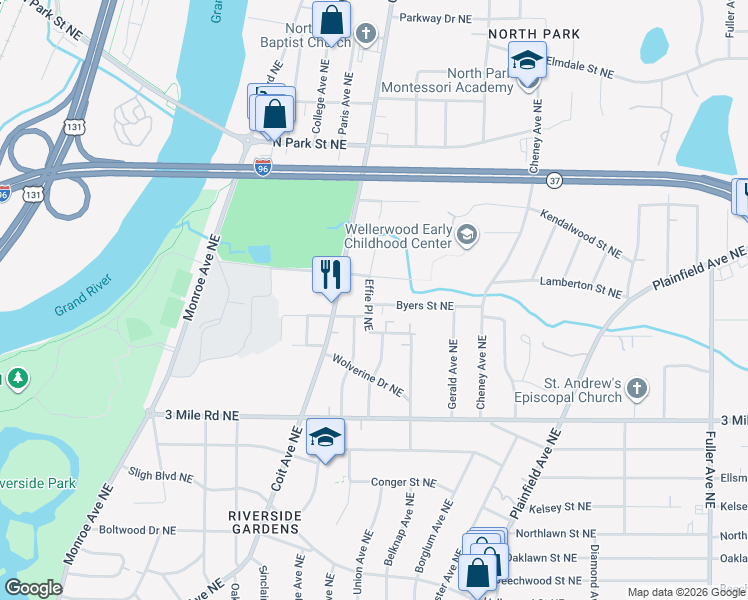 map of restaurants, bars, coffee shops, grocery stores, and more near 617 Wright Street Northeast in Grand Rapids