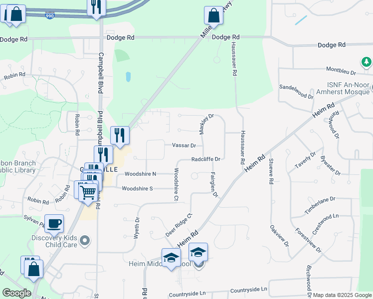 map of restaurants, bars, coffee shops, grocery stores, and more near 33 Vassar Drive in Getzville