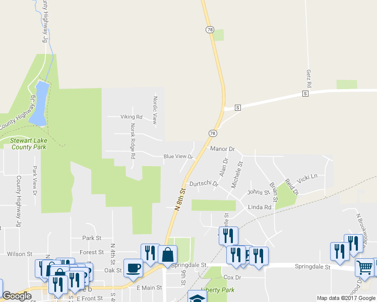 map of restaurants, bars, coffee shops, grocery stores, and more near 200 Blue View Drive in Mount Horeb