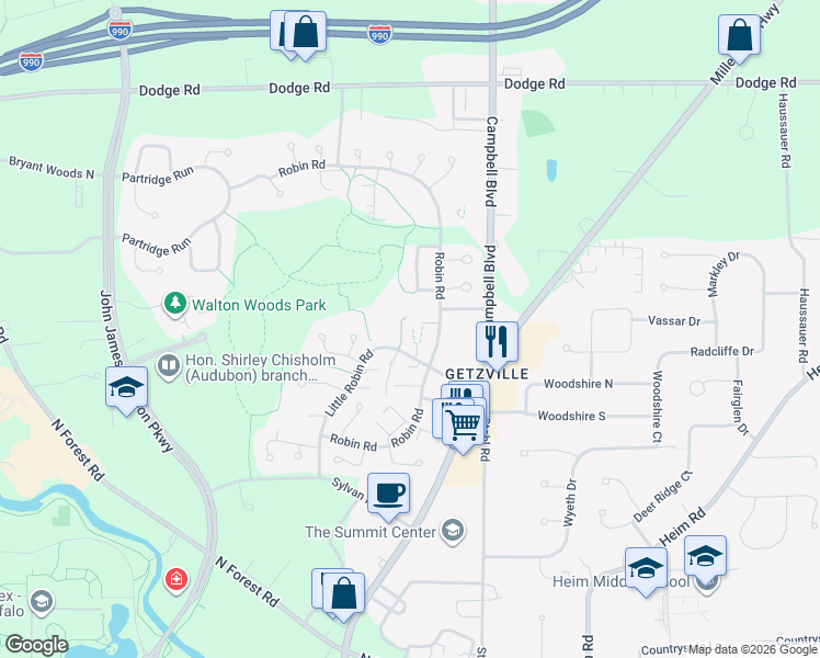 map of restaurants, bars, coffee shops, grocery stores, and more near 316 Little Robin Road in Erie County