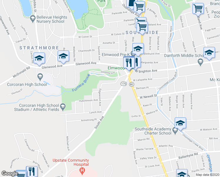 map of restaurants, bars, coffee shops, grocery stores, and more near 116 Fairfield Avenue in Syracuse