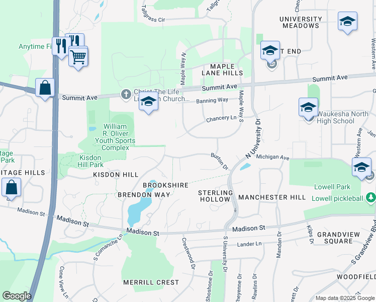 map of restaurants, bars, coffee shops, grocery stores, and more near 2824 Burton Drive in Waukesha