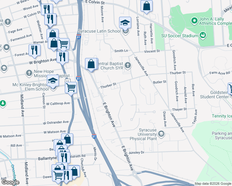 map of restaurants, bars, coffee shops, grocery stores, and more near 506 Ivy Ridge Road in Syracuse