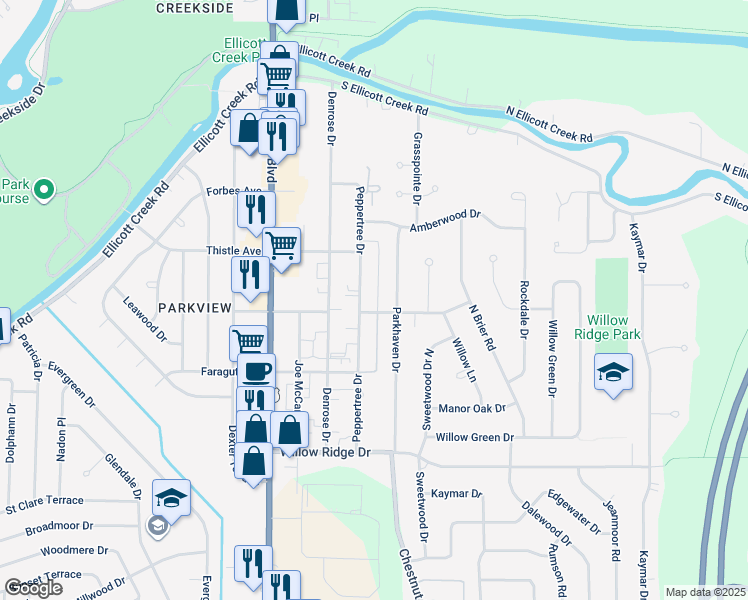 map of restaurants, bars, coffee shops, grocery stores, and more near 169 Tanglewood Drive in Buffalo