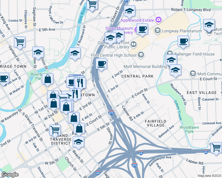 map of restaurants, bars, coffee shops, grocery stores, and more near 612 East 3rd Street in Flint