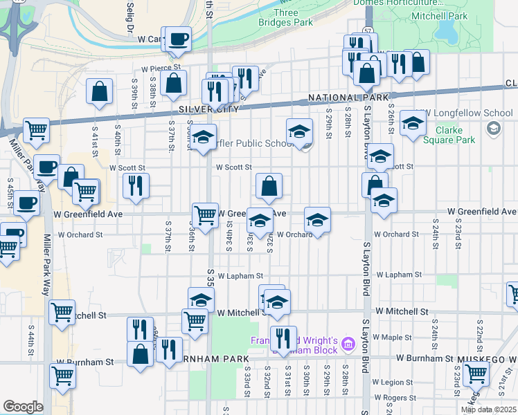 map of restaurants, bars, coffee shops, grocery stores, and more near 3202 West Greenfield Avenue in Milwaukee
