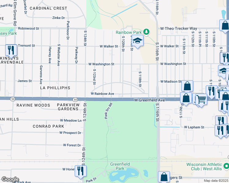 map of restaurants, bars, coffee shops, grocery stores, and more near 1352 South 121st Street in West Allis