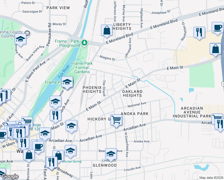 map of restaurants, bars, coffee shops, grocery stores, and more near 1002 East Main Street in Waukesha