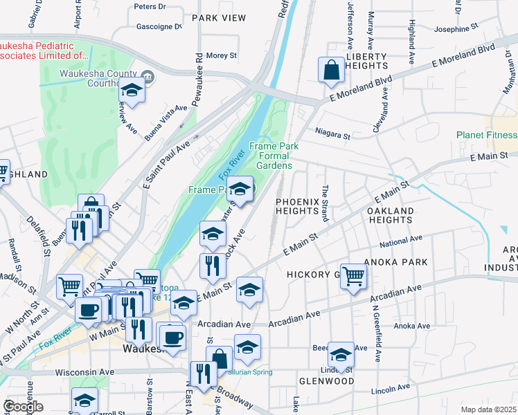 map of restaurants, bars, coffee shops, grocery stores, and more near 1165 White Rock Avenue in Waukesha