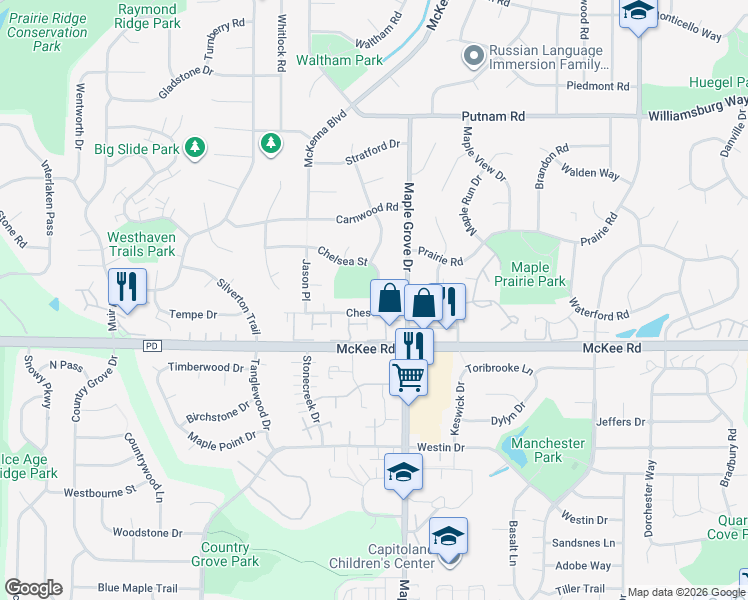 map of restaurants, bars, coffee shops, grocery stores, and more near 6822 Chester Drive in Madison