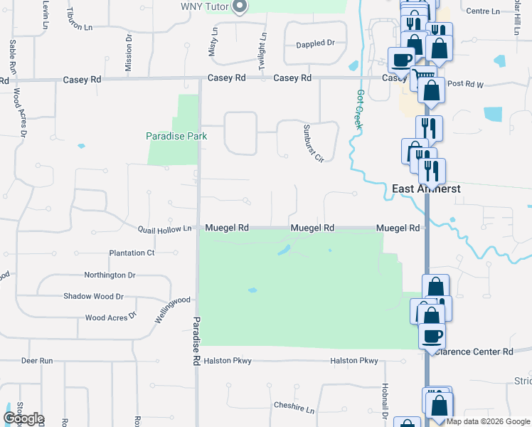 map of restaurants, bars, coffee shops, grocery stores, and more near 20 Van Pelt Court in East Amherst