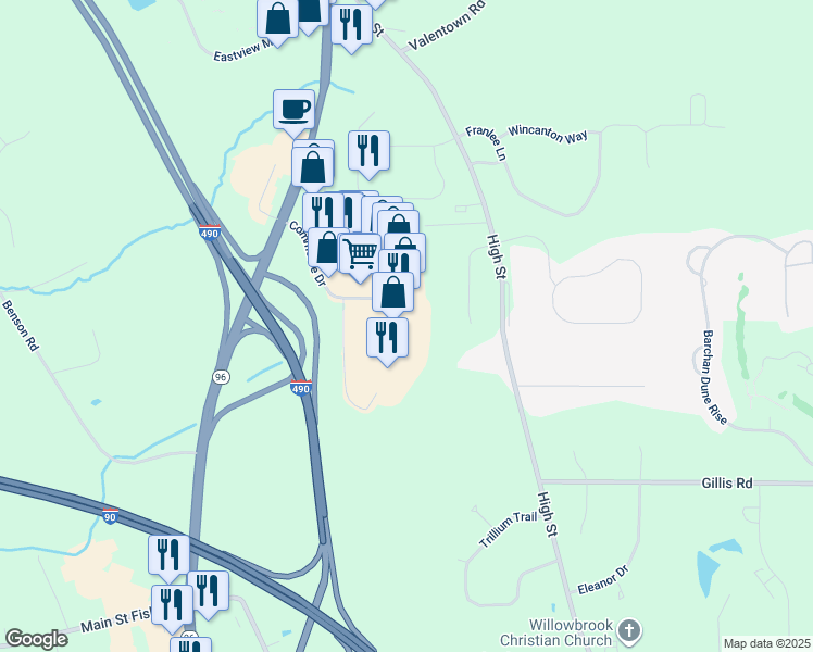 map of restaurants, bars, coffee shops, grocery stores, and more near 439 Commerce Drive in Victor