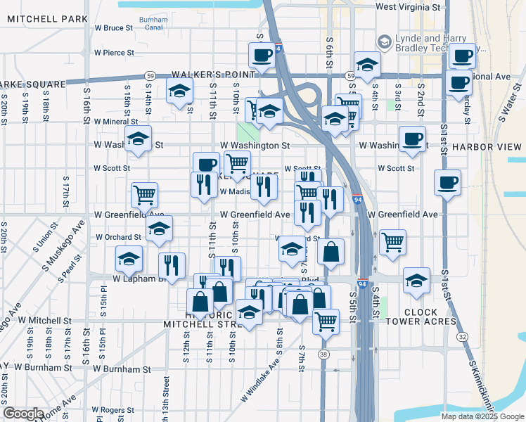map of restaurants, bars, coffee shops, grocery stores, and more near 1338 South 9th Street in Milwaukee