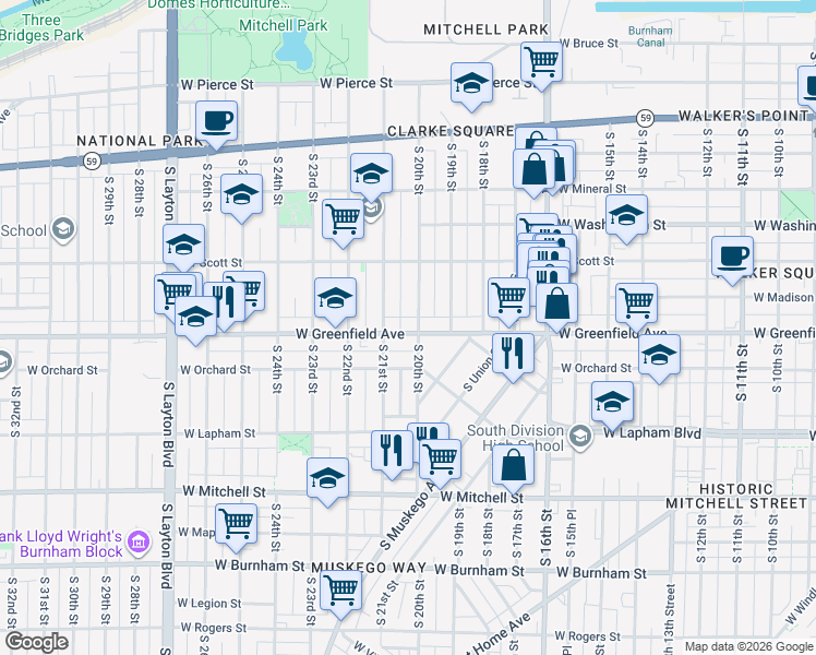 map of restaurants, bars, coffee shops, grocery stores, and more near 2022 West Greenfield Avenue in Milwaukee