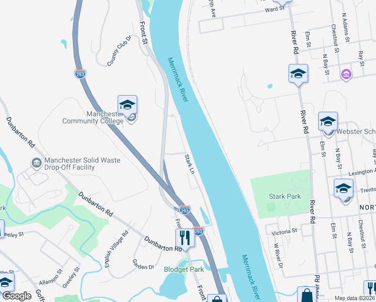 map of restaurants, bars, coffee shops, grocery stores, and more near 450 Stark Lane in Manchester