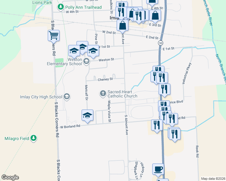 map of restaurants, bars, coffee shops, grocery stores, and more near 170 Titus Street in Imlay City