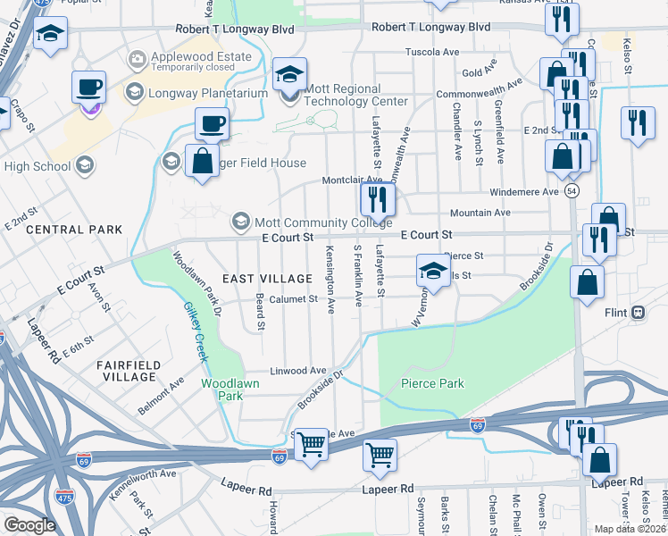 map of restaurants, bars, coffee shops, grocery stores, and more near 1006 South Franklin Avenue in Flint